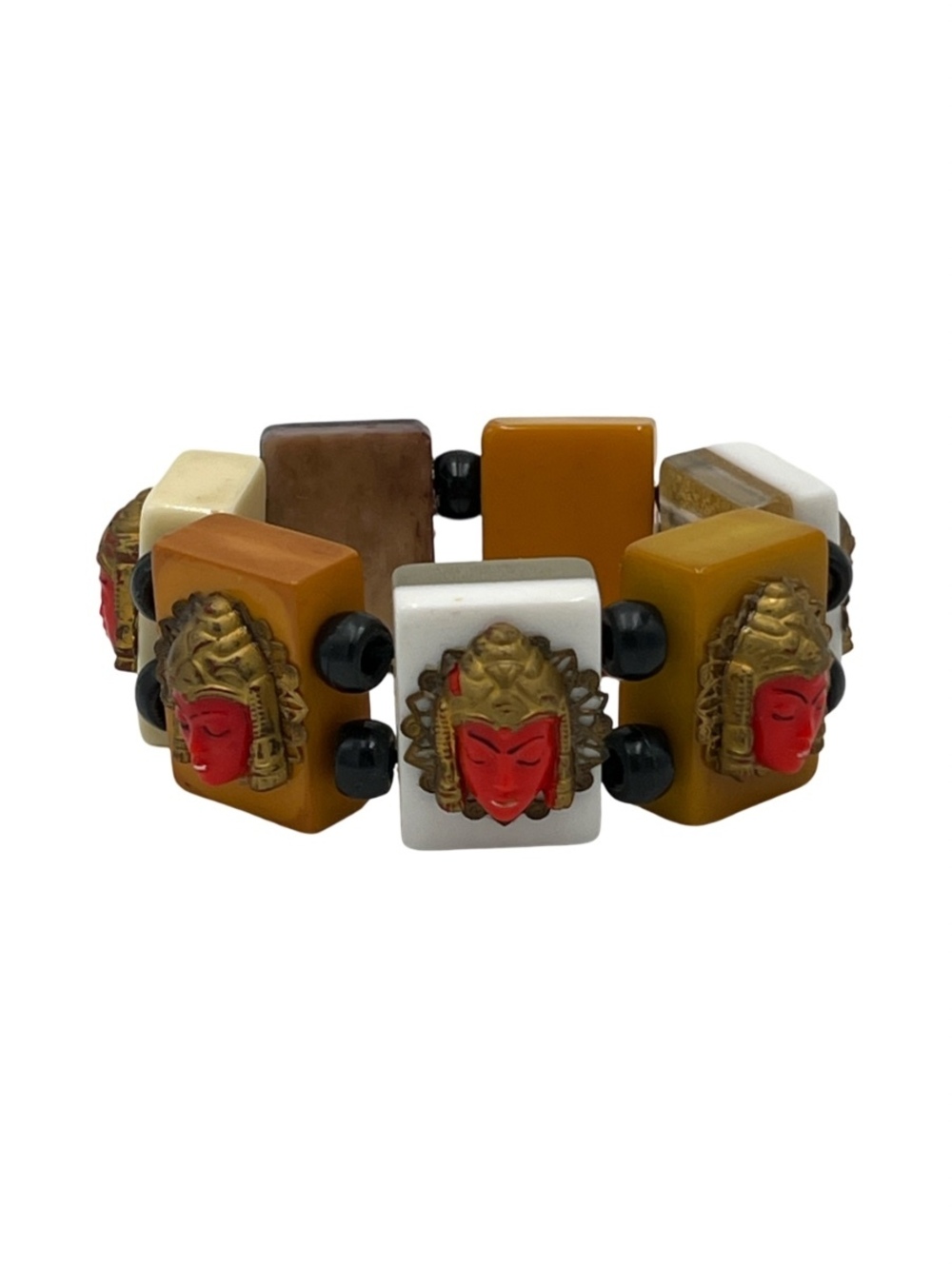 Bakelite Asian Mask Upcycled Mojang Stretch Panel Bracelet